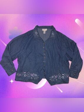 vtg 90s floral embroidery beaded denim shirt - august max woman, sz 3x